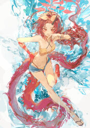  1girl absurdres bangs_pinned_back bikini blue_archive colored_skin denim denim_shorts dragon_girl dragon_horns dragon_tail hairband hand_on_own_hip highres horns ichika_(ichika87) long_hair looking_at_viewer multicolored_skin official_alternate_costume official_alternate_hairstyle open_clothes open_mouth open_shorts orange_hairband red_eyes red_hair red_skin renge_(blue_archive) renge_(swimsuit)_(blue_archive) sandals short_shorts shorts single_horn solo swimsuit tail v yellow_bikini 