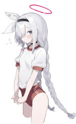 1girl absurdres adjusting_buruma adjusting_clothes alternate_hairstyle blue_archive blush braid buruma gym_uniform highres own_hands_together paper plana_(blue_archive) red_buruma sh_(shinh) shirt simple_background solo t-shirt thigh_gap thighs twin_braids twitter white_background white_shirt rating:Sensitive score:51 user:buster2222
