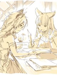 2girls animal_ears book braid breasts cat_ears commentary_request erune granblue_fantasy hair_tubes heles hoshikuzushi korwa lantern large_breasts long_hair multiple_girls notebook paper quill sepia single_braid sitting table working writing rating:Sensitive score:1 user:danbooru