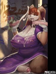  1futa absurdres bathroom cum cum_in_mouth dirty dirty_face double_handjob dress exhibitionism flaccid furry futa_with_male futanari glory_hole glory_wall handjob highres large_penis magnetus penis public_indecency rabbit sega sonic_(series) thick_thighs thighs through_wall toilet toilet_stall vanilla_the_rabbit writing 