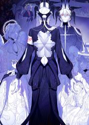  4boys angel angel_wings animal_ears backless_outfit bad_source colored_skin crrn feathered_wings halo head_wings highres long_hair long_sleeves looking_at_another low-tied_long_hair mirror multiple_boys original puffy_long_sleeves puffy_sleeves rabbit_ears red_eyes reflection rei_(crrn) scar scar_on_back smile standing stole uriel_(crrn) white_skin wings 