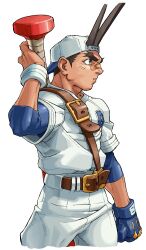  1boy absurdres backwards_hat bandaid bandaid_on_face bandaid_on_nose baseball_bat baseball_cap baseball_jersey baseball_uniform belt black_hair brown_hair cleats cropped_legs edaki_shin&#039;ya fighting_stance from_side game_cg gloves grin hat highres holding holding_baseball_bat jersey justice_gakuen male_focus moero!_justice_gakuen non-web_source official_art over_shoulder sawamura_shouma simple_background single_glove smile solo sportswear sweatband thick_eyebrows weapon weapon_over_shoulder white_background 