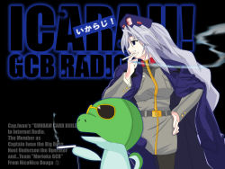  (9) black_lagoon blue_eyes cigarette dress grey_hair gundam gundam_card_builder hair_down hand_on_own_hip hat hip_focus jacket long_hair military military_uniform pantyhose ranguage smoking solo touhou yagokoro_eirin 