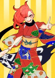  1girl aihcnim ear_piercing fox_shadow_puppet ignite japanese_clothes japanese_text kimono ninja_slayer open_mouth orange_hair piercing scarf side_shave unusual_eyebrows yellow_background 
