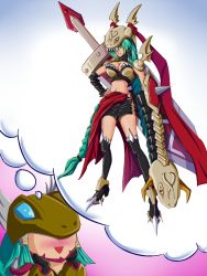  1girl daydreaming digimon evolution highres mask mervamon minervamon snake solo sword weapon 