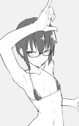 1girl arm_up armpits bikini blush bob_cut closed_mouth flat_chest glasses greyscale highres looking_at_viewer monochrome navel original satarobass short_hair solo sweat swimsuit v-shaped_eyebrows rating:Sensitive score:27 user:danbooru