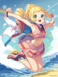 1girl alternate_costume blonde_hair cosplay green_eyes highres holding holding_jacket holding_unworn_clothes jacket kinocopro lillie_(pokemon) nemona_(pokemon) nemona_(pokemon)_(cosplay) nemona_(sygna_suit)_(pokemon) nintendo official_alternate_costume pink_shoes pokemon pokemon_masters_ex pokemon_sm ponytail shoes solo unworn_jacket rating:General score:32 user:RIG