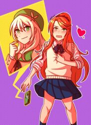  2girls alternate_costume blonde_hair celine_(fire_emblem) commentary english_commentary etie_(fire_emblem) fire_emblem fire_emblem_engage green_eyes highres long_hair multiple_girls nintendo orange_hair pleated_skirt princess skirt vest zefirart 