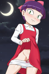  1girl :3 blush cleft_of_venus clothes_lift crescent dress dress_lift female_focus flashing gegege_no_kitarou goldmondsel green_eyes highres loli long_sleeves looking_at_viewer nekomusume night outdoors panties purple_hair pussy pussy_peek short_hair slit_pupils smile solo standing underwear  rating:Explicit score:57 user:Fuckyou357853