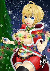  1girl absurdres artoria_pendragon_(fate) boots breasts breasts_squeezed_together christmas christmas_lights christmas_tree cleavage dress fate/grand_order fate/stay_night fate_(series) highres large_breasts maskodd saber_(fate) santa_boots santa_costume santa_dress snow solo thick_thighs thighs tree  rating:Explicit score:2 user:MaskOdd