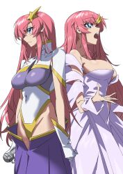  2girls bodysuit breasts commentary_request covered_erect_nipples covered_navel dress gloves gundam gundam_seed gundam_seed_destiny hair_ornament highleg highleg_leotard highres impossible_bodysuit impossible_clothes impossible_dress impossible_leotard lacus_clyne large_breasts leotard long_hair meer_campbell multicolored_leotard multiple_girls open_mouth paintedmike pink_hair purple_leotard skin_tight solo star_(symbol) star_hair_ornament thong_leotard white_leotard 