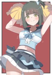  1girl 3: arms_up black_sailor_collar black_skirt blue_background blue_shirt blunt_bangs blunt_ends blush bouncing_breasts bow breasts cheerleader closed_mouth commentary contrapposto cowboy_shot embarrassed green_hair h.s.c.t._(love_live!) hair_bow highres layered_skirt link!_like!_love_live! looking_at_viewer love_live! medium_breasts midriff miniskirt momose_ginko navel official_alternate_costume one_side_up pleated_skirt pom_pom_(cheerleading) raised_inner_eyebrows sailor_collar sailor_shirt shirt short_hair short_sleeves skirt solo soyo1558686 split_mouth virtual_youtuber 