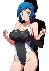 1boy 1girl batta_16-sei blue_hair blush breasts cameltoe competition_swimsuit covered_navel faceless faceless_male grabbing_another&#039;s_breast groping gundam gundam_build_fighters hair_ornament hair_scrunchie highleg highleg_one-piece_swimsuit highres iori_rinko large_breasts mature_female nipple_stimulation nipple_tweak one-piece_swimsuit scrunchie shadow swimsuit wedgie rating:Questionable score:60 user:danbooru
