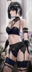 1girl absurdres ahoge arm_belt bare_shoulders belt black_belt black_garter_belt black_hair blue_bra blue_hair blue_panties blurry blurry_background bra breasts brown_eyes cleavage colored_inner_hair commentary covered_collarbone cowboy_shot cross cross_earrings ear_piercing earrings english_commentary fishnet_thighhighs fishnets garter_belt hair_ornament highres indoors irene_(kanniiepan) jewelry kanniiepan lace lace-trimmed_thighhighs lace_bra lace_panties lace_trim lingerie looking_ahead medium_breasts mole mole_on_breast multicolored_hair navel original panties parted_lips piercing short_hair sidelocks solo standing stomach streaked_hair thighhighs underwear underwear_only rating:Sensitive score:36 user:danbooru