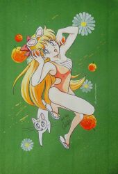  1girl aino_minako artemis_(sailor_moon) ash_valery bare_shoulders bishoujo_senshi_sailor_moon blonde_hair bow breasts cat food fruit green_background highres long_hair medium_breasts one-piece_swimsuit red_bow sandals sleeveless sunglasses_on_head swimsuit very_long_hair white_cat white_fur  rating:General score:5 user:zombiespacial