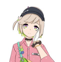  1girl candy coco_(zenless_zone_zero) donut food green_eyes green_hair happy hat highres non-web_source pink_shirt self-upload shirt short_hair smile solo zenless_zone_zero 