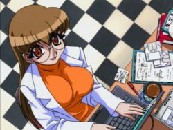  00s 1girl animated animated_gif anime_screenshot blouse book bouncing bouncing_breasts breast_slap breasts brown_hair checkered_floor clipboard coat coffee computer computer_keyboard cup desk disk female_focus flailing floor from_above glasses happy impossible_clothes impossible_shirt indoors keyboard kuribayashi_yayoi lab_coat laptop large_breasts long_hair long_sleeves looking_at_viewer looping_animation mouse_(anime) open_mouth orange_eyes orange_shirt pen shirt sitting slapping solo third-party_edit white_coat 