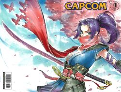  1girl armor bandana barcode belt blue_eyes blue_kimono blue_sky breasts bug butterfly chain cherry_blossoms copyright_name covered_mouth day floating_clothes gold_chain high_ponytail highres insect japanese_armor japanese_clothes katana kimono kote kurokote long_hair looking_at_viewer marvel marvel_rivals medium_breasts outdoors petals pink_belt ponytail psylocke psylocke_(sai) purple_hair red_bandana red_butterfly rodrigo_yoshimiya sarashi short_sleeves shoulder_armor sidelocks single_bare_shoulder single_sleeve sky solo sparkle standing sword tree v-shaped_eyebrows weapon weapon_on_back x-men 