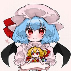  1girl ascot bat_wings blue_hair collared_shirt commentary_request fang flandre_scarlet frilled_shirt_collar frills fumo_(doll) hair_between_eyes hat hat_ribbon heart highres koharu66353343 light_blush looking_at_viewer mob_cap pink_hat pink_shirt puffy_short_sleeves puffy_sleeves red_ascot red_eyes red_ribbon red_vest remilia_scarlet ribbon shirt short_hair short_sleeves smile solo touhou upper_body vest wings yellow_ascot 