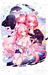  3girls angel_wings black_dress black_shorts blue_eyes breasts coat color_connection company_connection corset cyrene_(honkai:_star_rail) diamond-shaped_pupils diamond_(shape) dress elysia_(herrscher_of_human:_ego)_(honkai_impact) elysia_(honkai_impact) falkenhayn_mercenary_leader_(zenless_zone_zero) hair_color_connection highres honkai:_star_rail honkai_(series) honkai_impact_3rd inoue_marina jingxinzhiyun large_breasts long_hair mihoyo missing_commentary multiple_girls pink_hair purple_coat purple_eyes short_hair shorts symbol-shaped_pupils thigh_strap transparent_background veil very_long_hair voice_actor_connection watermark white_corset white_veil wings yanning zenless_zone_zero 