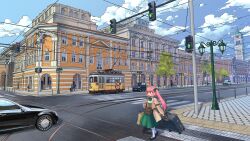  1girl bare_shoulders blush brown_jacket building bus car city closed_mouth collared_shirt commentary_request commission crosswalk full_body green_ribbon green_skirt hair_ribbon highres jacket lamppost long_hair motor_vehicle neck_ribbon okuribi open_clothes open_jacket original pink_hair plaid_clothes plaid_shirt red_eyes ribbon road scenery shirt skeb_commission skirt smile solo_focus standing suitcase traffic_light tree twintails white_shirt 
