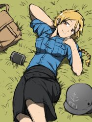 1girl arm_behind_head bag blonde_hair braid braided_ponytail breasts brown_eyes can collared_shirt combat_helmet helmet long_hair lying mrxinom on_back original ponytail shirt skirt smile stahlhelm world_war_ii