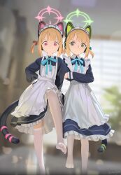 2girls absurdres animal_ear_headphones animal_ears apron black_dress blonde_hair blue_archive cat_tail closed_mouth dress fake_animal_ears flat_chest foot_focus frilled_apron frills green_eyes green_halo halo headphones highres loli long_sleeves looking_at_viewer maid_apron midori_(blue_archive) midori_(maid)_(blue_archive) momoi_(blue_archive) momoi_(maid)_(blue_archive) multiple_girls official_alternate_costume pantyhose pink_halo red_eyes short_hair siblings sisters smile soles tail toes twins twitter_username white_apron white_pantyhose youyueyue youyueyuee rating:Sensitive score:131 user:danbooru