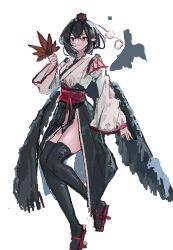  1girl black_hair black_skirt black_thighhighs black_wings closed_mouth commentary front_slit full_body geta hand_fan hat hauchiwa holding holding_fan japanese_clothes kimono kourindou_tengu_costume long_skirt long_sleeves no_panties obi pointy_ears pom_pom_(clothes) red_eyes red_hat red_sandals red_sash sandals sash shameimaru_aya short_hair simple_background skirt smile solo symbol-only_commentary tengu-geta thighhighs tokin_hat touhou vanilla_flan white_background white_kimono wide_sleeves wings 