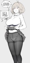  1boy 1girl absurdres arcueid_brunestud breasts clothes_lift grey_background greyscale gusset highres jewelry large_breasts lifting_own_clothes monochrome navel necklace panties panties_under_pantyhose pantyhose parted_lips presenting red_eyes sally_(luna-arts) skirt skirt_lift smile solo_focus speech_bubble spot_color sweater thighband_pantyhose tohno_shiki tsukihime tsukihime_(remake) underwear  rating:Sensitive score:51 user:danbooru