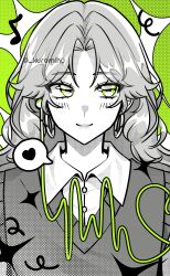  1girl blush collared_shirt commentary dress_shirt earrings eighth_note english_commentary green_background green_eyes heart highres hoop_earrings jewelry kininatteru_hito_ga_otoko_ja_nakatta long_hair looking_to_the_side mih0 musical_note oosawa_aya parted_bangs partially_colored school_uniform shirt single_earphone_removed smile solo spoken_heart sweater_vest upper_body 