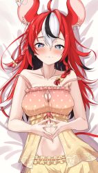  1girl :3 absurdres animal_ears babydoll bed_sheet black_hair blue_eyes blush braid breasts cleavage cleavage_cutout closed_mouth clothing_cutout double-parted_bangs frilled_shorts frills front_slit hair_between_eyes hakos_baelz hakos_baelz_(5th_costume) heart heart-shaped_pupils highres hololive hololive_english ilie_ilie jewelry long_hair looking_at_viewer lying medium_breasts messy_hair mouse_ears mouse_girl mouse_tail multicolored_hair navel necklace official_alternate_costume on_back polka_dot polka_dot_shorts red_hair shorts sleepwear solo streaked_hair symbol-shaped_pupils tail virtual_youtuber white_hair yellow_babydoll 