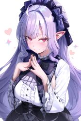  1girl 4mmmmu absurdres ahoge ascot black_bow black_bowtie black_nails black_skirt blush bow bowtie breasts center_frills closed_mouth commentary_request frilled_shirt frilled_sleeves frills hairband high-waist_skirt highres large_breasts looking_at_viewer loving_aura mole mole_under_eye pointy_ears purple_ascot purple_hair purple_hairband red_eyes shirt shrug_(clothing) sideboob simple_background skirt solo steepled_fingers upper_body vivian_banshee wavy_mouth white_background white_shrug zenless_zone_zero 
