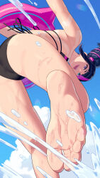  1girl ass barefoot bikini black_bikini black_hair cloud cone_hair_bun feet green_eyes hair_bun hair_horns han_juri heterochromia highres inflatable_toy multicolored_hair pink_hair purple_eyes short_hair sky street_fighter street_fighter_6 swimsuit tongue tongue_out two-tone_hair water wet yagi2013 