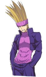  1boy blonde_hair capcom highres justice_gakuen looking_at_viewer male_focus murata_tefu simple_background smile solo spiked_hair white_background yamada_eiji 