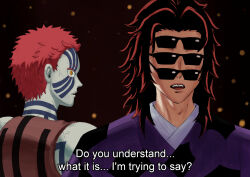  2boys akaza_(kimetsu_no_yaiba) blue_sclera body_markings brown_hair colored_eyelashes colored_sclera english_text facial_mark facial_tattoo fangs highres ibumuc japanese_clothes kimetsu_no_yaiba kimono kokushibou multiple_boys open_mouth red_hair short_hair subtitled sunglasses tattoo text_in_eyes veins vest  rating:General score:15 user:danbooru