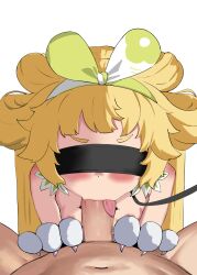  1boy 1girl animal_hands black_blindfold blindfold blonde_hair blush censored commentary english_commentary fellatio flat_chest gloves hetero highres kitavana large_variant_set loli long_hair mosaic_censoring nipples oral paw_gloves penis pov pov_crotch simple_background solo_focus tongue tongue_out variant_set verina_(wuthering_waves) white_background wuthering_waves 