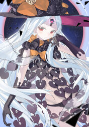 1girl abigail_williams_(fate) abigail_williams_(third_ascension)_(fate) absurdres black_panties expressionless fate/grand_order fate_(series) flat_chest hat highres keyhole long_hair looking_at_viewer miyu10366 panties parted_bangs red_eyes revealing_clothes solo tentacles third_eye underwear very_long_hair white_hair witch_hat 