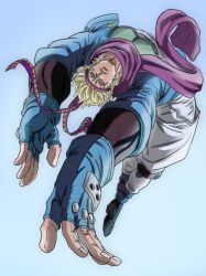  1boy anime_coloring araki_hirohiko_(style) battle_tendency blonde_hair blue_boots blue_gloves blue_jacket boots caesar_anthonio_zeppeli commentary_request facial_mark feather_hair_ornament feathers fingerless_gloves gloves green_eyes hair_ornament headband ishimoto_shun&#039;ichi jacket jojo_no_kimyou_na_bouken knee_pads layered_sleeves male_focus official_style pants purple_headband purple_scarf scarf shirt solo two-tone_headband white_pants white_shirt yellow_headband 
