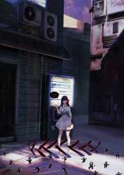  1girl artist_name bixclowart black_shadow_(fate) blonde_hair breasts building dark_sakura dress fate/stay_night fate_(series) hair_ribbon heart heaven&#039;s_feel highres long_hair looking_at_viewer matou_sakura outdoors purple_hair red_eyes red_ribbon ribbon shirt skirt smile solo speech_bubble spoken_heart talking vending_machine waving white_dress white_shirt white_skirt 
