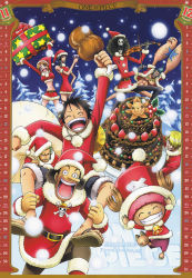  absurdres brook_(one_piece) calendar christmas franky_(one_piece) gift hat highres monkey_d._luffy nami_(one_piece) nico_robin one_piece roronoa_zoro santa_hat scan snow thousand_sunny tony_tony_chopper usopp winter  rating:Sensitive score:11 user:naotofan