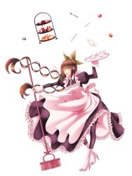  1girl absurdres alternate_costume apron black_dress black_hair black_pantyhose broom cake_stand chabashira_tenko commentary crossed_ankles cutlery danganronpa_(series) danganronpa_v3:_killing_harmony dress enmaided frilled_apron frills full_body green_eyes hair_ribbon high_heels highres holding holding_broom holding_tray juliet_sleeves long_hair long_sleeves looking_at_viewer maid maid_apron maid_headdress open_mouth pantyhose puffy_sleeves ribbon simple_background solo standing toma_(toma0121) tray twintails very_long_hair white_apron white_background wrist_cuffs 