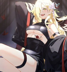  1girl arm_behind_back arm_strap blonde_hair blurry blurry_background blush breasts bug butterfly chain chain_earrings commentary_request cropped_jacket cropped_shirt earrings feet_out_of_frame flower hair_flower hair_ornament hair_over_one_eye highres insect jacket jewelry light_particles long_hair looking_at_viewer medium_breasts on_chair open_clothes open_jacket open_mouth original sitting smile solo stomach_tattoo stud_earrings sunlight tattoo teeth thigh_strap twitter_username underboob upper_teeth_only very_long_hair yagi_(shiro_yagi) zipper_pull_tab 