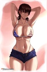  1girl alphamob200x alternate_breast_size alternate_costume american_flag american_flag_bikini american_flag_print armpits bikini black_hair breasts chainsaw_man closed_mouth collarbone commentary cross_scar denim denim_shorts english_commentary facial_scar flag_print flag_print_bikini fourth_of_july highleg highleg_bikini highres large_breasts long_hair looking_at_viewer navel patreon_username print_bikini red_eyes ringed_eyes scar scar_on_cheek scar_on_face scar_on_nose short_shorts shorts simple_background smile swimsuit yoru_(chainsaw_man) 