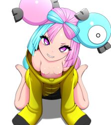  1girl blue_hair breasts downblouse feet gym_leader highres iono_(pokemon) jacket long_hair looking_at_viewer looking_up nintendo nipples no_bra nude_underneath pink_eyes pink_hair pointy_teeth pokemon pokemon_sv sharp_teeth shinjicoca simple_background sitting small_breasts smile solo teeth white_background yellow_jacket  rating:Questionable score:77 user:Divoom