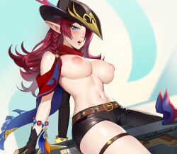  1girl asymmetrical_legwear belt breasts chasca_(genshin_impact) feathers genshin_impact hat highres jewelry katzueki latex latex_legwear pointy_ears red_hair scarf topless_female 