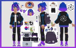  1girl absurdres ametrine_(bazzite) atom backpack bag bisexual_flag bisexual_flag_pin black-framed_eyewear black_bag black_hoodie blue_eyes blue_hair breasts cable color_guide computer controller double-parted_bangs drawstring earrings eyewear_on_head game_controller gamepad glasses gnome_(software) gradient_eyes gradient_hair grey_background hair_bun handheld_game_console highres hood hood_down hoodie jewelry kde kneepits laptop linux logo long_sleeves mascot multicolored_eyes multicolored_hair multiple_expressions multiple_views open_clothes open_hoodie pants parted_bangs pocket poulpi progress_pride_flag purple-tinted_eyewear purple_eyes purple_hair rainbow_flag reference_sheet round_eyewear shoes short_hair simple_background single_hair_bun small_breasts smile sneakers standing steam_deck tinted_eyewear turnaround unworn_backpack unworn_bag 