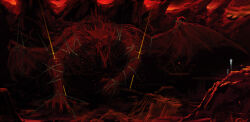  cave chain claws demon&#039;s_souls dragon dragon_god_(demon&#039;s_souls) dragon_wings extra_eyes fangs giant giant_monster highres horns impaled monster official_art red_theme restrained roaring ruins wings 