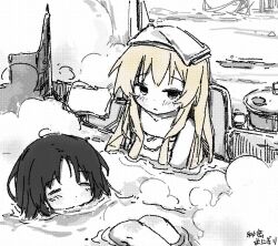  2girls bath bathing black_hair blonde_hair chito_(shoujo_shuumatsu_ryokou) closed_eyes commentary halftone himitsu_onigiri long_hair multiple_girls partially_submerged same-sex_bathing shared_bathing shoujo_shuumatsu_ryokou towel towel_on_head yuuri_(shoujo_shuumatsu_ryokou) 