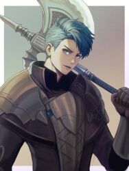  1boy armor axe black_shirt blue_eyes blue_hair border breastplate caspar_von_bergliez caspar_von_bergliez_(timeskip) closed_mouth commentary fire_emblem fire_emblem:_three_houses gauntlets highres holding holding_axe holding_weapon looking_to_the_side male_focus mixed-language_commentary nintendo outside_border over_shoulder parted_hair pauldrons shirt short_hair short_sideburns shoulder_armor sideways_glance solo upper_body weapon weapon_over_shoulder white_border wrainbow13 