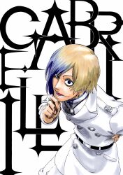  1boy absurdres alpen_no_koyari belt berenice_gabrielli black_belt bleach bleach:_sennen_kessen-hen blue_eyes buttons character_name commentary cowboy_shot crazy_eyes double-breasted eyebrows_hidden_by_hair gradient_hair hand_on_own_chin hand_up highres jacket kubo_tite_(style) leaning_forward long_sleeves looking_at_viewer lower_teeth_only male_focus medium_hair military_uniform multicolored_hair nose official_style open_mouth simple_background smile solo teeth white_background white_jacket wide-eyed 